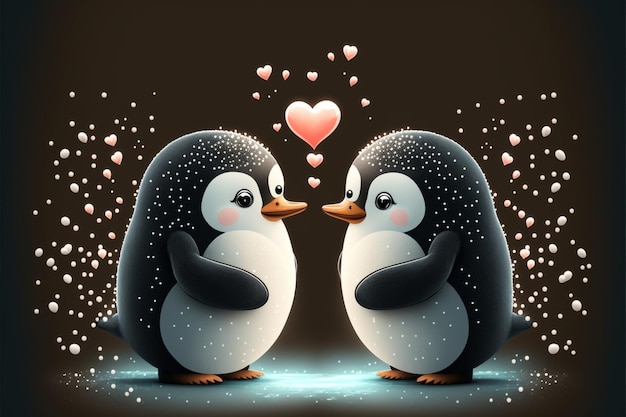 Foto twee schattige pinguïns verliefd harten romantische generatieve ai