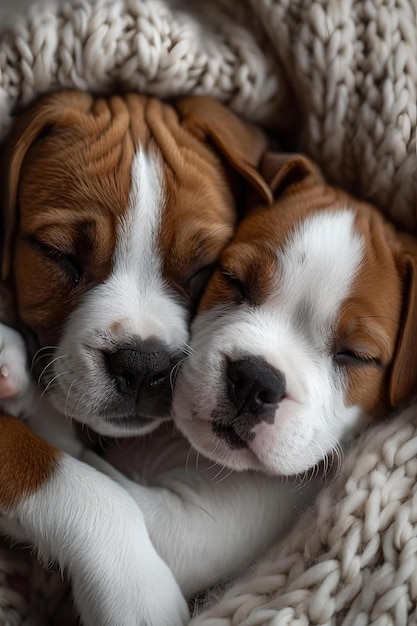 Twee schattige puppy's die zich dicht tegen elkaar aan nestelen in een knus gebreide deken, een blijk van onschuldige genegenheid en comfort voor de hond, perfect voor dierenliefhebbers AI