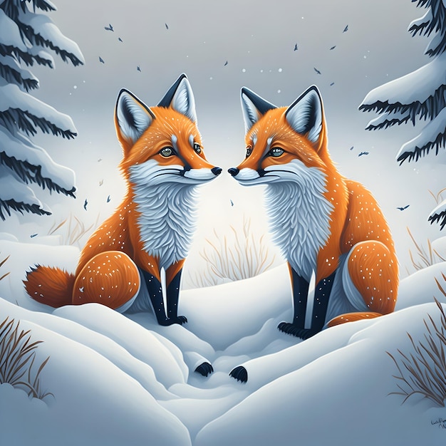 Twee schattige rode vossen in de sneeuw