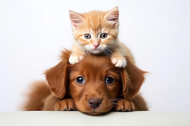 Twee schattige roodharige puppy's spelen met een kat op een zonnige dag Generatieve Ai
