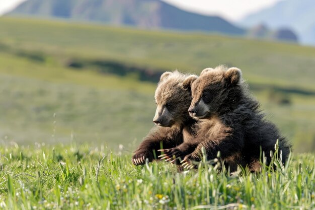 Foto twee schattige tian shan beerwelpen met witte klauwen spelen in het gras.