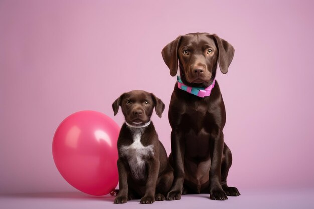 Twee schattige verjaardagshonden zitten op een roze achtergrond met een rode ballon.