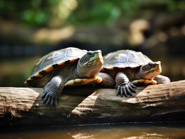 Twee schildpadden liggen op een boomstam in het water