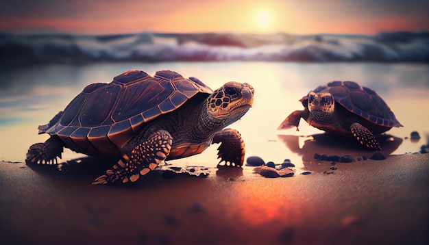 Twee schildpadden op het strand bij zonsondergang