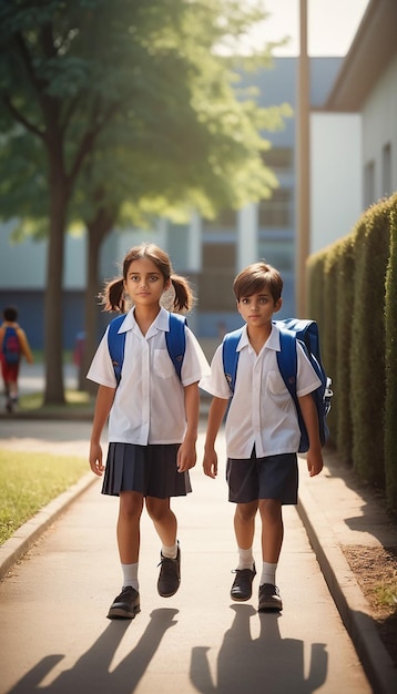 Twee schoolkinderen in schooluniformen, waarvan er één het nummer 3 heeft op de achterkant van zijn rugzak.