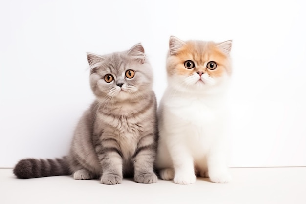 Foto twee schotse vouw ras grijze bruine katten zitten naast elkaar op een witte achtergrond kopie ruimte portret