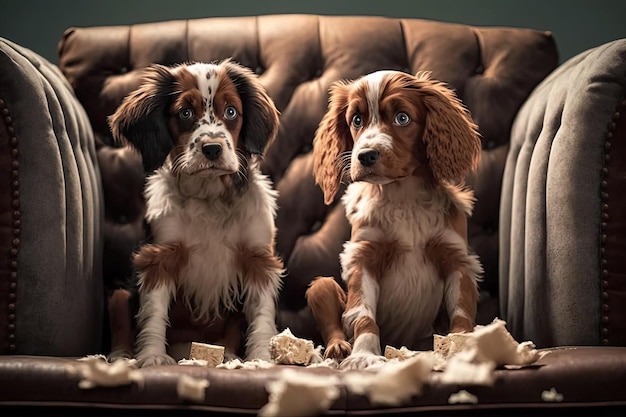 Twee schuldige honden zien er onschuldig uit nadat ze een bank bijten en vernielen