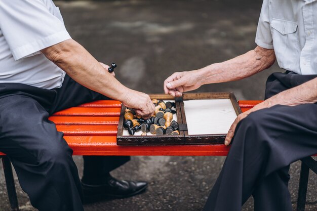 Twee senior mannen schaken op de bank buiten in het park