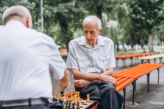 Twee senior volwassen mannen schaken op de bank buiten in het park.