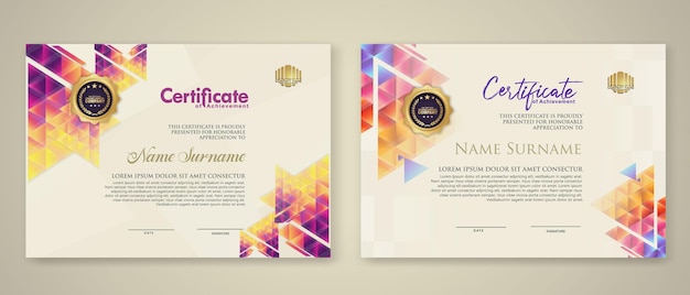 Twee set certificaat sjabloon met dynamische en futuristische veelhoekige kleur en moderne achtergrond
