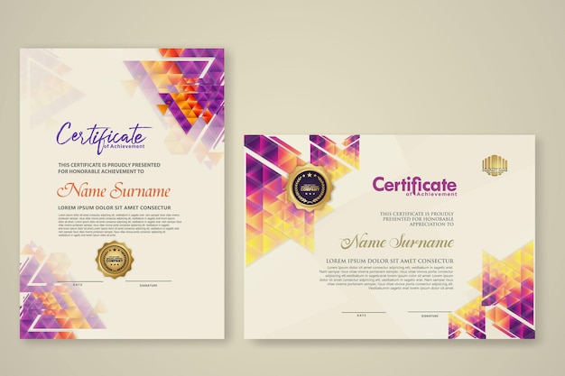 Twee set certificaat sjabloon met dynamische en futuristische veelhoekige kleur en moderne achtergrond
