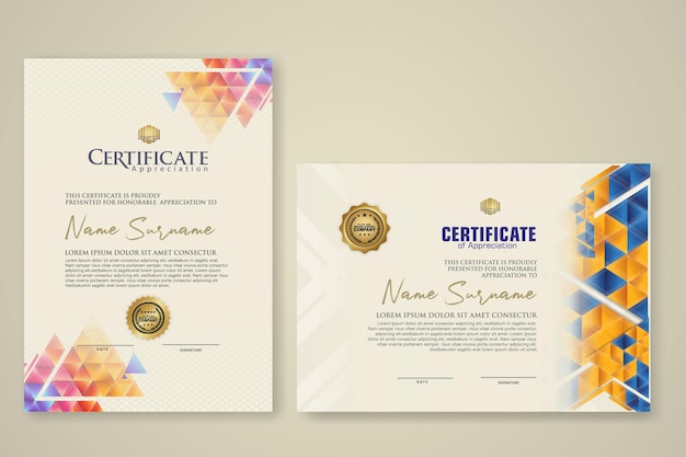 Twee set certificaat sjabloon met dynamische en futuristische veelhoekige kleur en moderne achtergrond