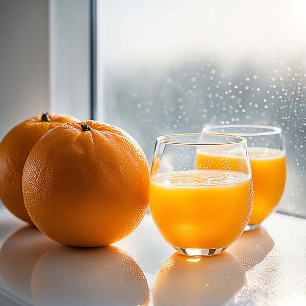 twee sinaasappels en een glas sap zitten op een tafel