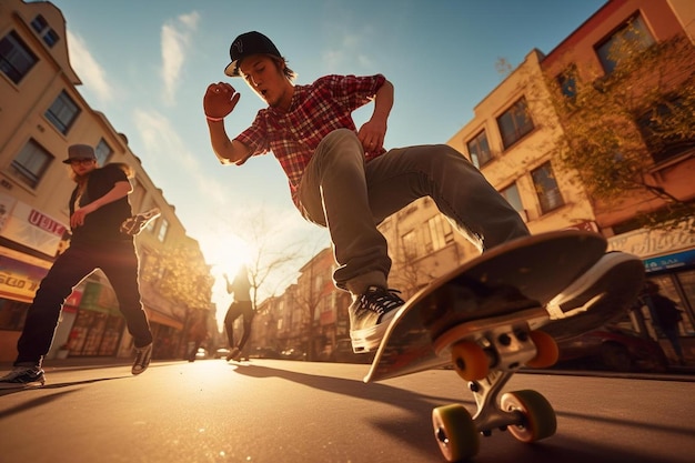 Twee skateboarders rijden door de straat en een van hen draagt een hoed.