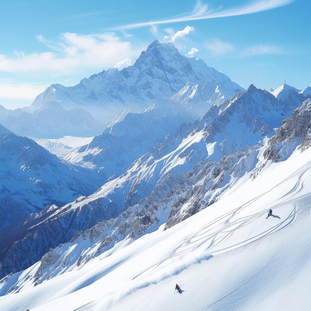 Twee skiërs skiën een steile helling in de bergen af