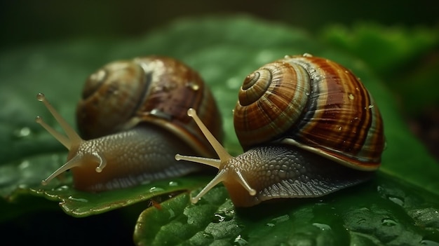 Twee slakken op een groen blad op een donkere achtergrond close upgenerative ai