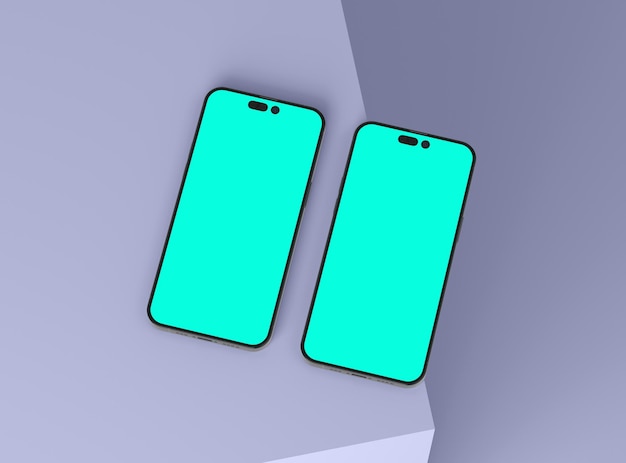 Twee smartphones 14 pro max mockup voor app en website UI-branding 2 telefoons aan de voor- en achterkant 3D renderen