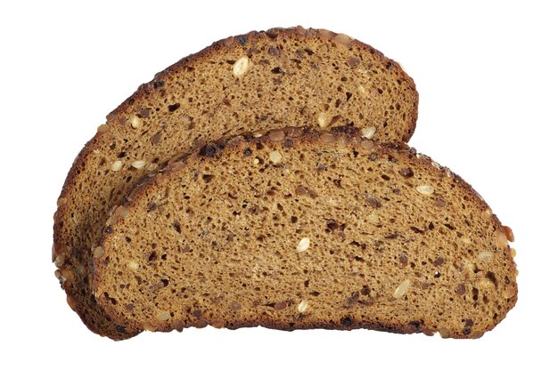 Twee sneetjes brood met zonnebloempitten, noten, rozijnen en gedroogd fruit, geïsoleerd op een witte achtergrond