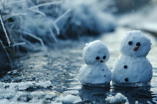 Twee sneeuwmannen die in water smelten als een krachtig symbool van de effecten van de opwarming van de aarde