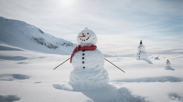 Twee sneeuwmannen staan samen in de sneeuw gecreëerd door generatieve AI