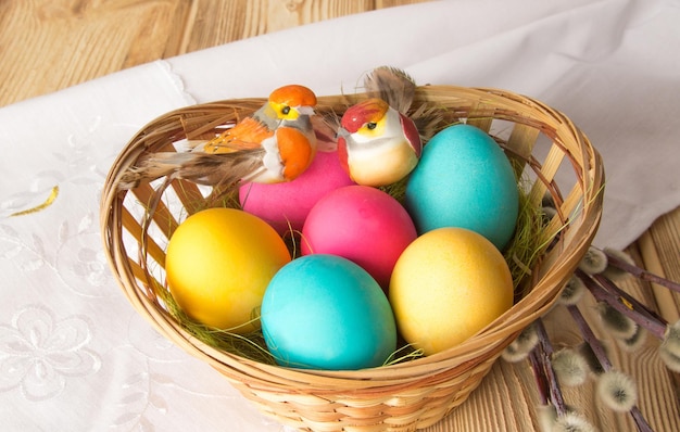 Twee speelgoedvogels broeden beschilderde paaseieren uit in een rieten bord Het concept van het vieren van Pasen