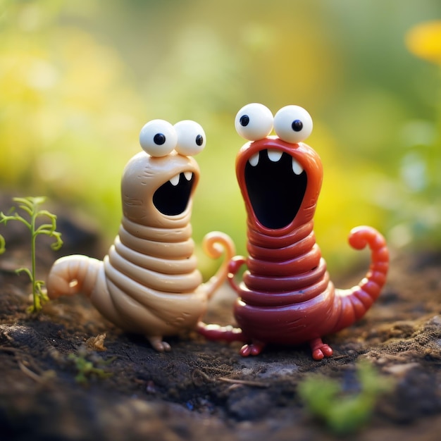 Foto twee speelgoedwormen met ogen en monden.