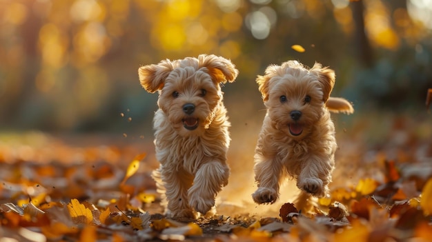 twee speelse schattige puppy's lopen in een herfstpark