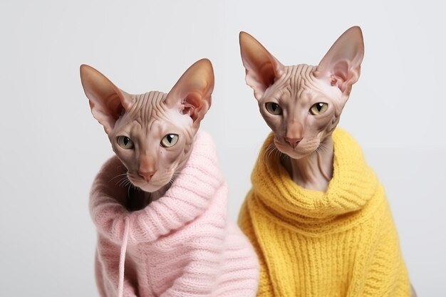 Twee Sphynx katten in gebreide wollen kleren zitten naast elkaar op een witte achtergrond kopie ruimte