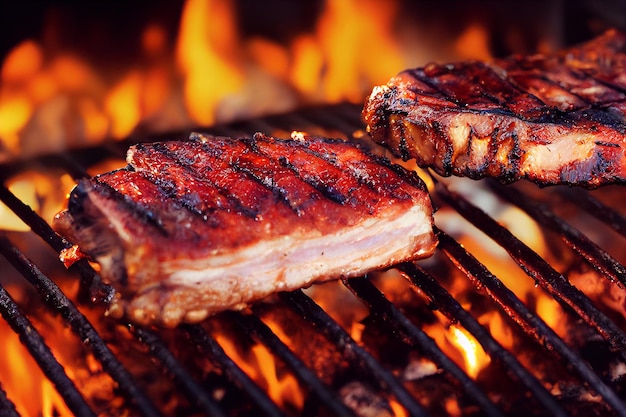 Twee steaks op een grill met het woord vlees erop