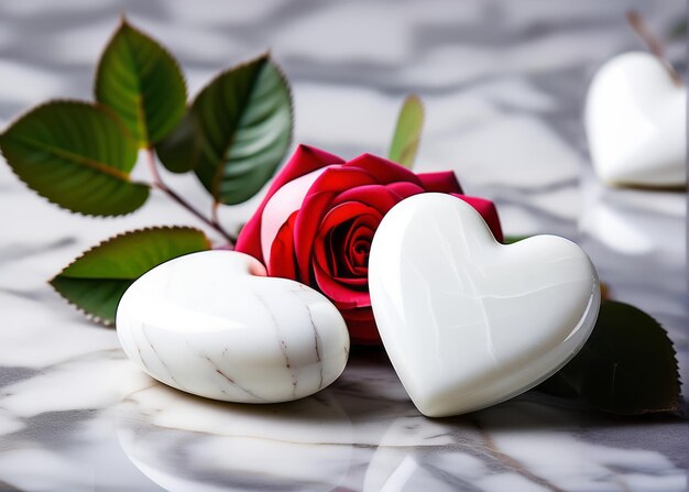 Twee stenen of marmeren kwartjes harten op marmer tafel vloer top koppel liefde valentijnsdag handwerk