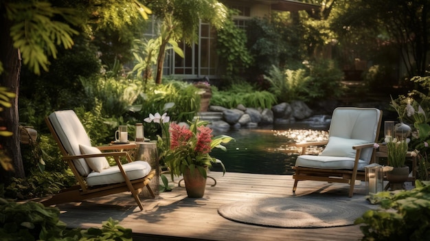 Twee stoelen en een tafel in een tuin