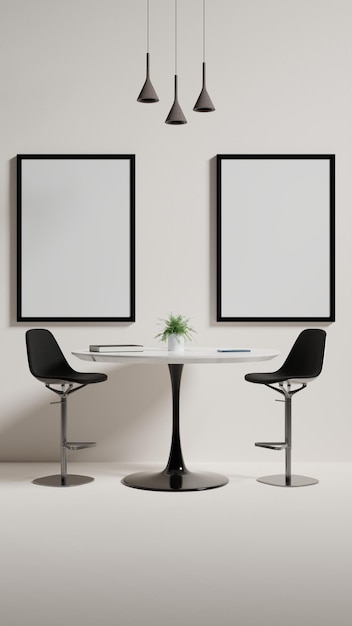 Twee stoelen en een tafel met twee lege frames op een witte muur.