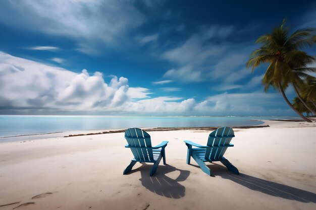 Twee stoelen op een strand met een palmboom op de achtergrond