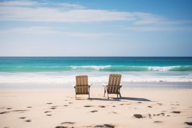 Twee stoelen op het strand in de buurt van de oceaan klaar voor huwelijksreis paar generatieve ai