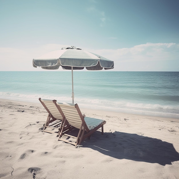 Twee strandstoelen en een parasol op een strand.