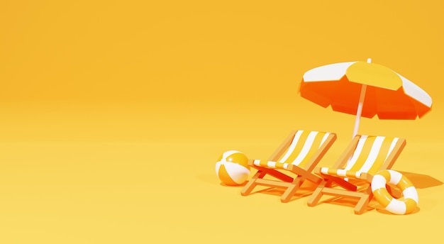 Foto twee strandstoelen met parasol op oranje zomer achtergrond 3d rendering