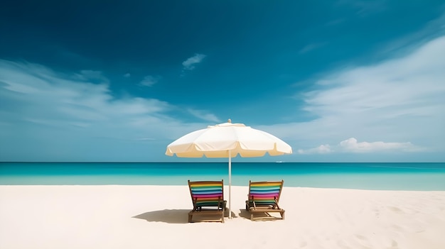 Twee strandstoelen onder een parasol op een tropisch strand.