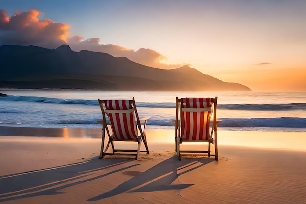 Twee strandstoelen op een strand met bergen op de achtergrond