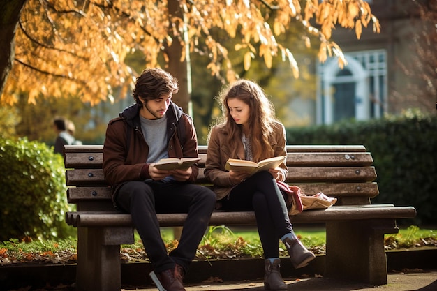 Twee studenten die samen op een bankje buiten studeren Generative Ai