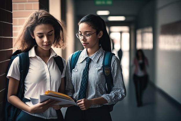 Twee studenten in de gang van hun school bekijken hun huiswerk dat Ai heeft gemaakt