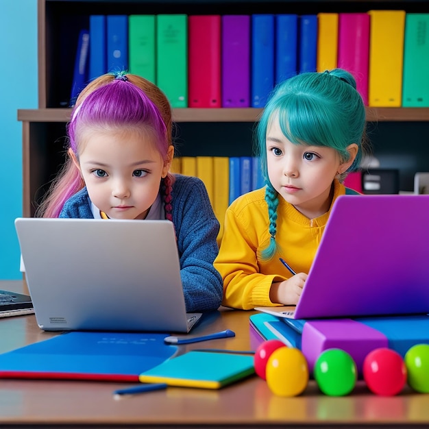 Twee studenten in een klaslokaal die samen een laptop gebruiken