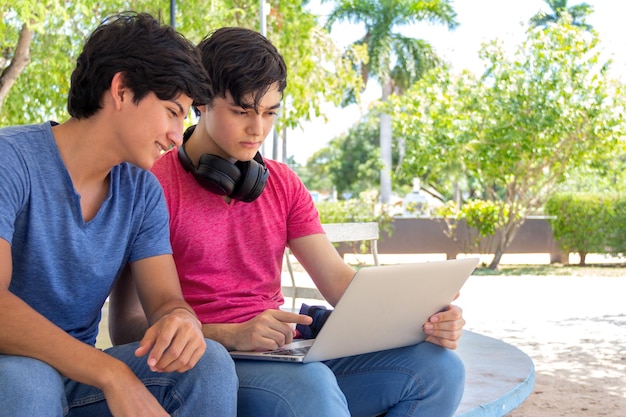 twee studenten kijken naar een laptop terwijl ze in een park zitten