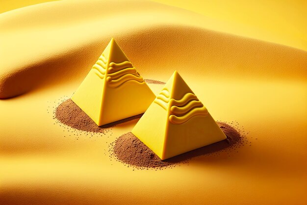 Twee stukjes chocolade in de vorm van piramides op gele zandachtergrond gemaakt met generatieve ai