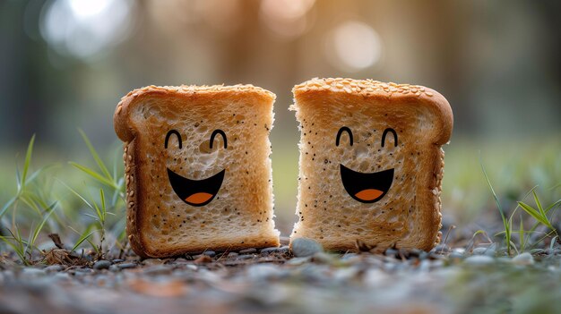 Twee stukjes toast met gelukkige gezichten op een natuurlijke achtergrond die vreugde en positiviteit overdragen in grillen.