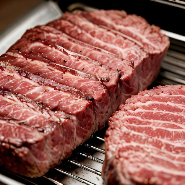 Twee stukken vlees liggen op een grill en op de andere staat "vlees".
