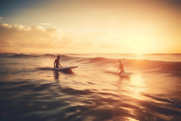 Foto twee surfers die plezier hebben in de oceaan en samen een golf vangen op gouden uur vrijheid