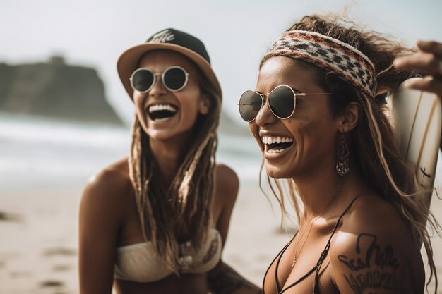 Foto twee surfmeisjes genieten van een dag op het strand en leggen hun oprechte lach en geluk vast