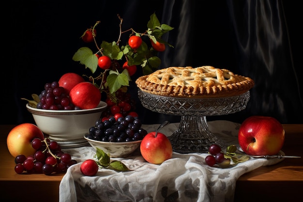 Twee taarten en een fruitkom op tafel