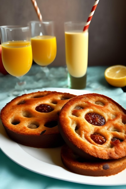 Twee taarten met fruit op een bord met glazen jus d'orange.