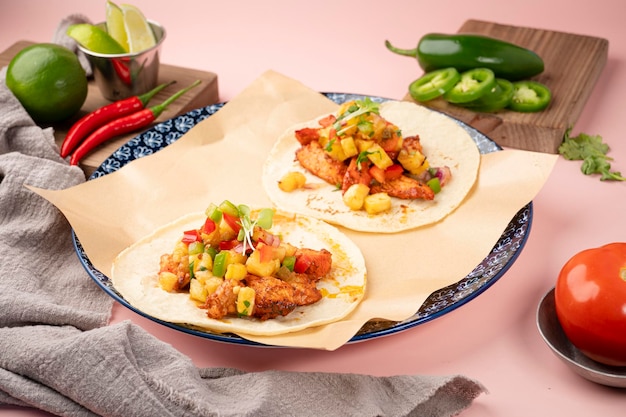 Foto twee taco's met een blauwe rand en een bord jalapenosalsa.